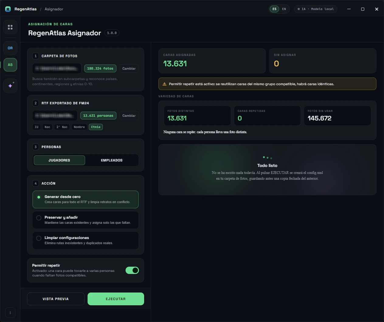 El Asignador de RegenAtlas con una vista previa real: 13.631 caras asignadas y ninguna sin asignar