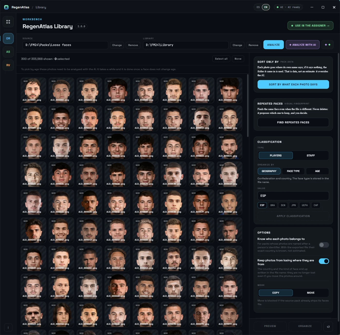 Library screen: source, library and sorting by geography, face type or age