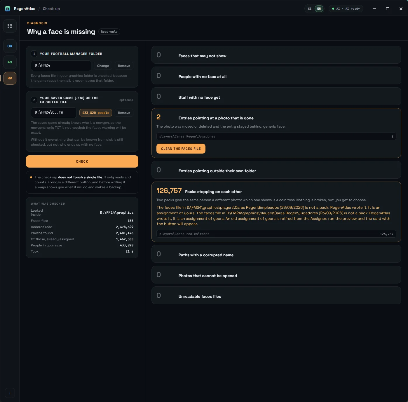 Check-up screen: Football Manager folder and optional save