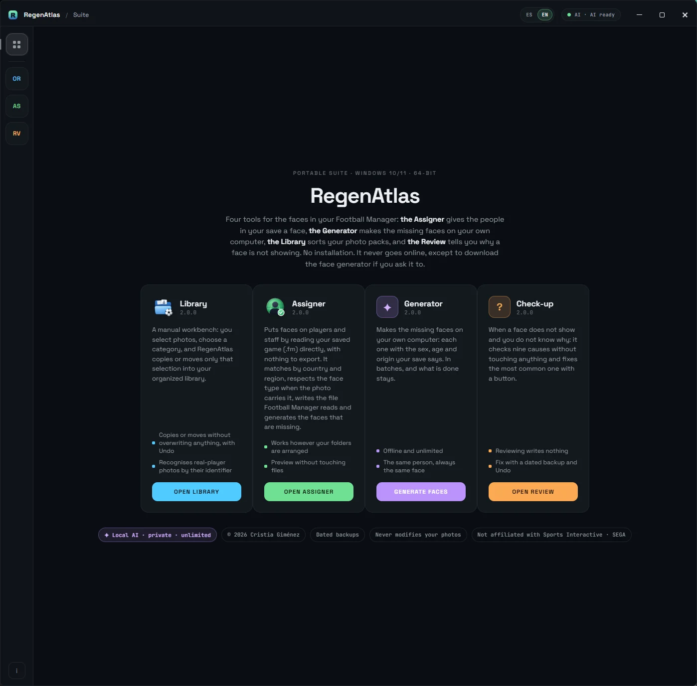 RegenAtlas home screen with the four tools: Library, Assigner, Generator and Check-up