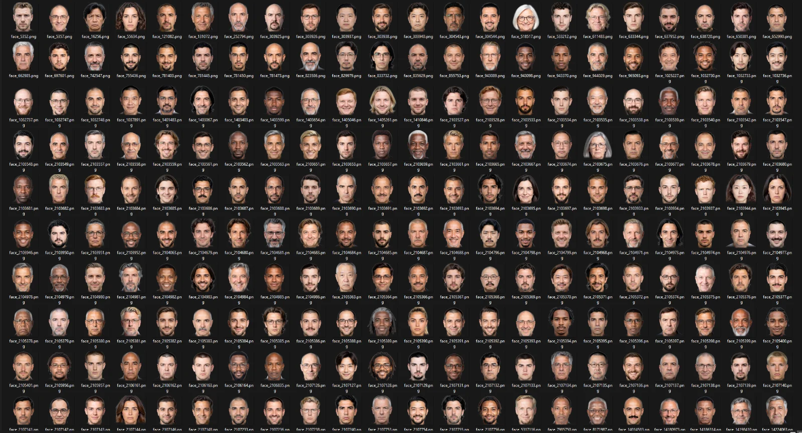 Rejilla de caras de empleados adultos, hombres y mujeres, hechas por el generador