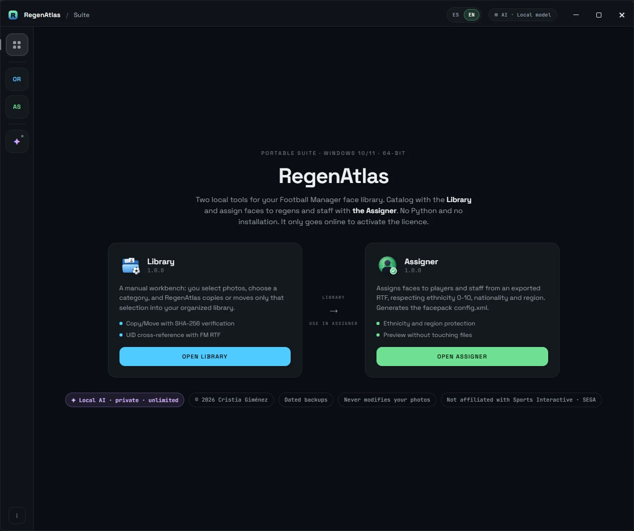RegenAtlas con la interfaz en inglés, con las herramientas Library y Assigner