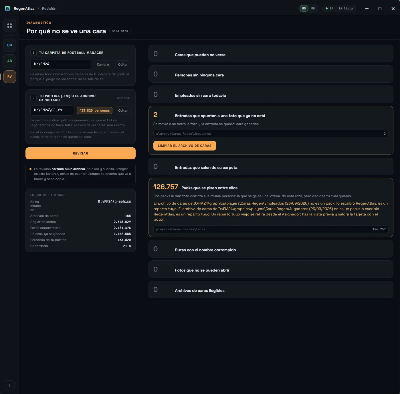 Pantalla de la Revisión: carpeta de Football Manager y partida opcional
