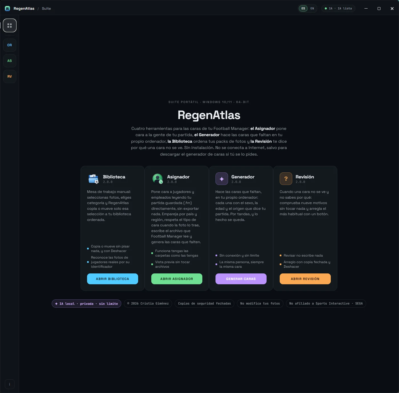 Portada de RegenAtlas con las cuatro herramientas: Biblioteca, Asignador, Generador y Revisión